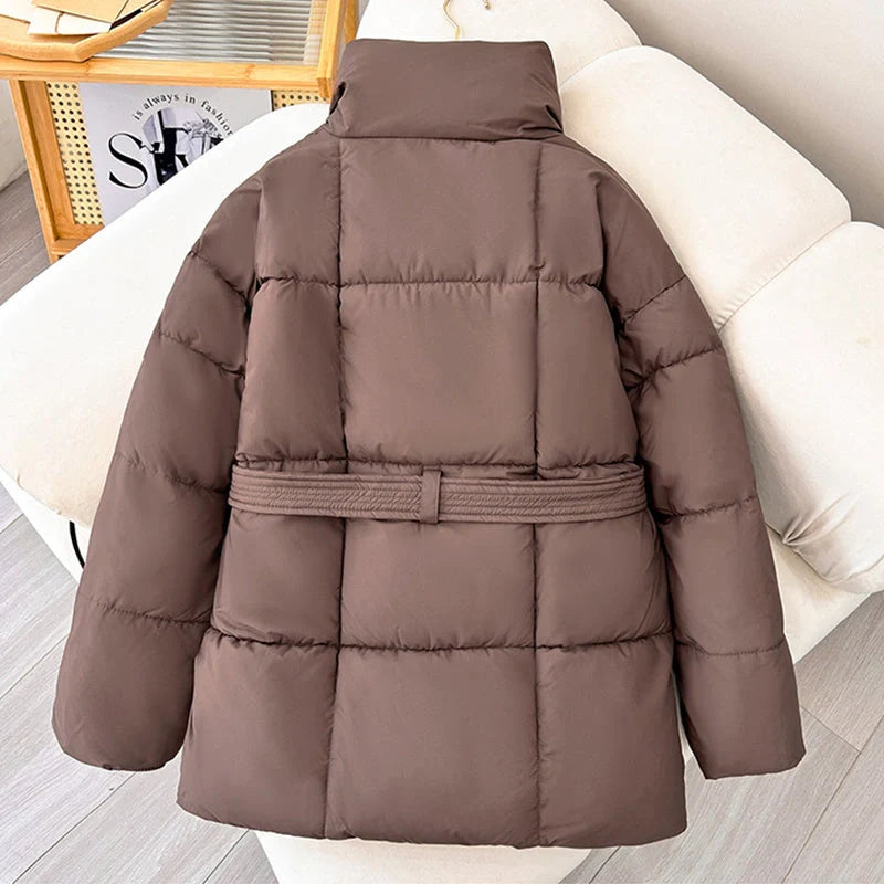 Women's Warm Lapel Plaid Coat with Belt in Black, White, and Brown