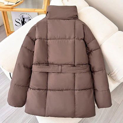 Women's Warm Lapel Plaid Coat with Belt in Black, White, and Brown