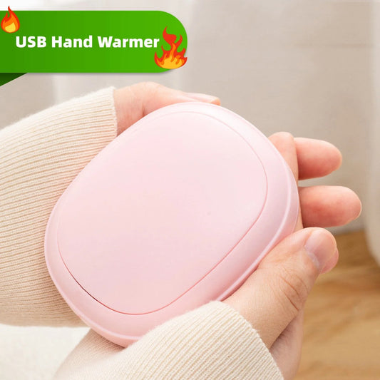 Portable electric hand warmer with USB charging, featuring a compact, pebble-shaped design and adjustable heat settings for comfortable warmth in any season.