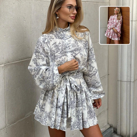 Stylish ink print A-line dress with fashionable puffy sleeves and lapel tie detail