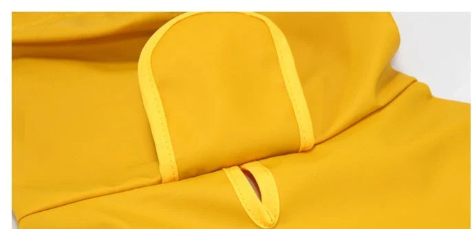Dog wearing a yellow waterproof raincoat with a transparent brim, adjustable bellyband, and chest straps.
