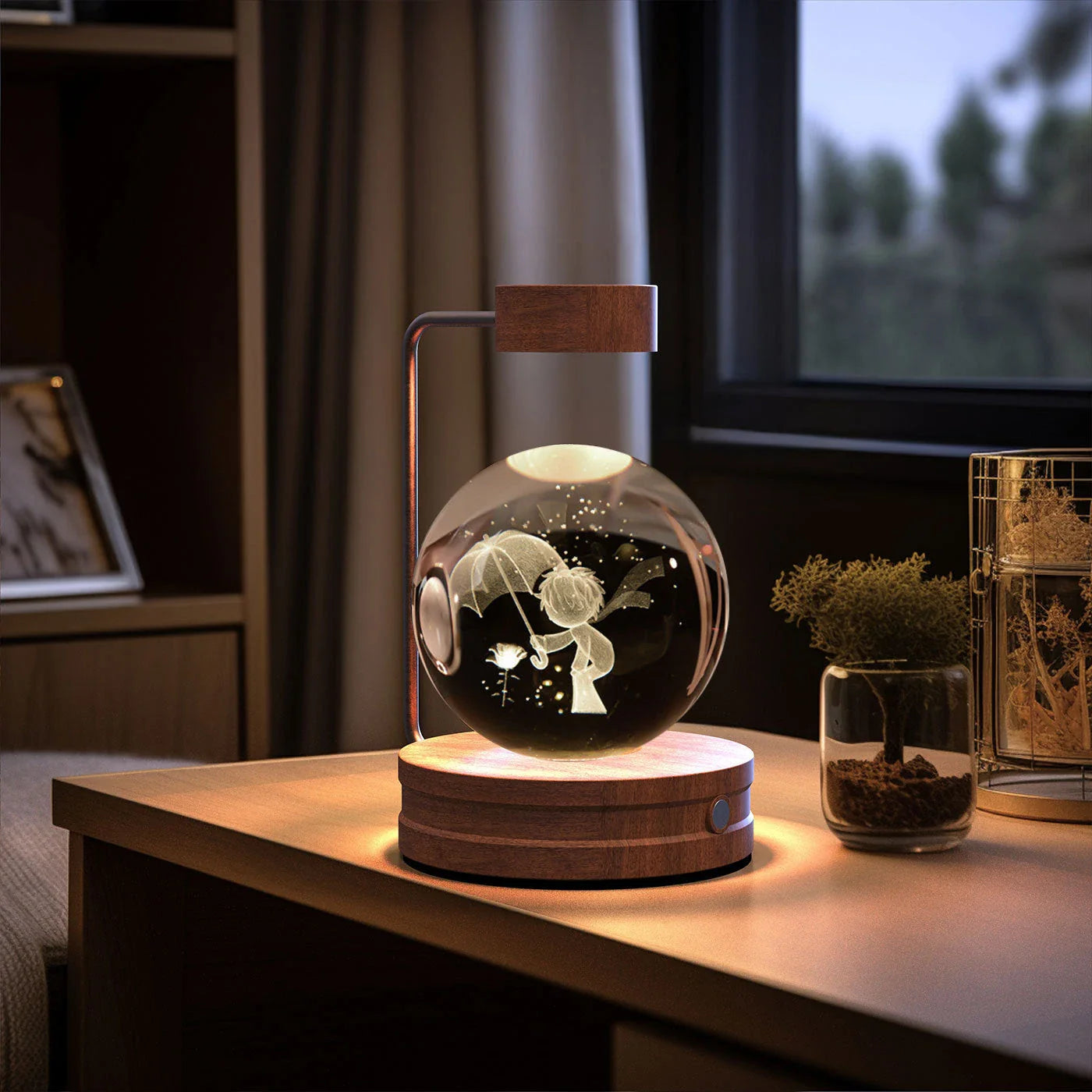 Enchanting crystal ball night light with cosmic designs, creating a warm and soothing ambiance in any room.