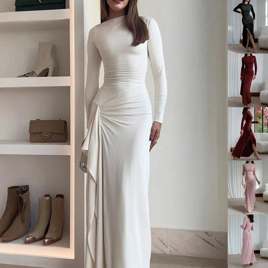 Tailored long sleeve asymmetric dress in solid colours for women with unique design, soft fabric, and variety of colour options