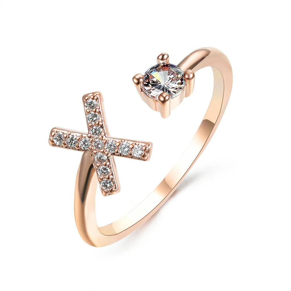 Customizable adjustable ring with 26 letters for women, featuring zircon stones and copper alloy construction