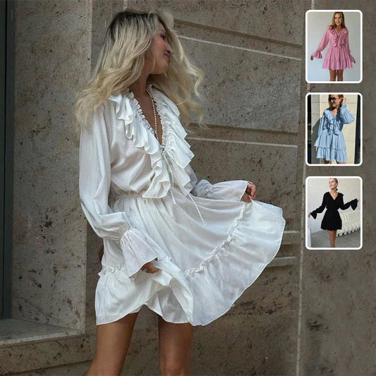 Stylish Y2K-inspired viscose dress with v-neck and flared sleeves, available in a range of vibrant colors
