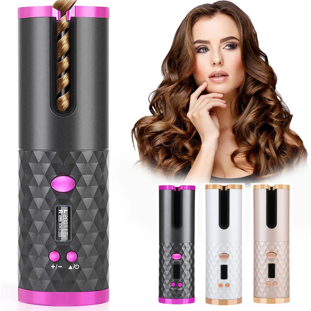 Cordless Automatic Hair Curler with LCD Display for creating salon-quality curls and waves on the go