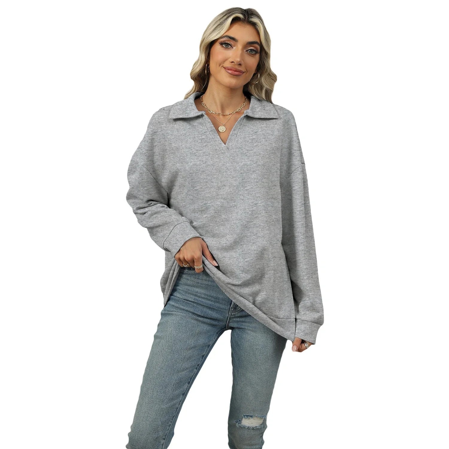 Women's Lapel V-neck Sweatshirt in solid colours with long sleeves