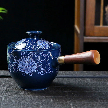 Handcrafted ceramic teapot with wooden handle, designed for brewing traditional Oolong tea with enhanced flavour and aroma