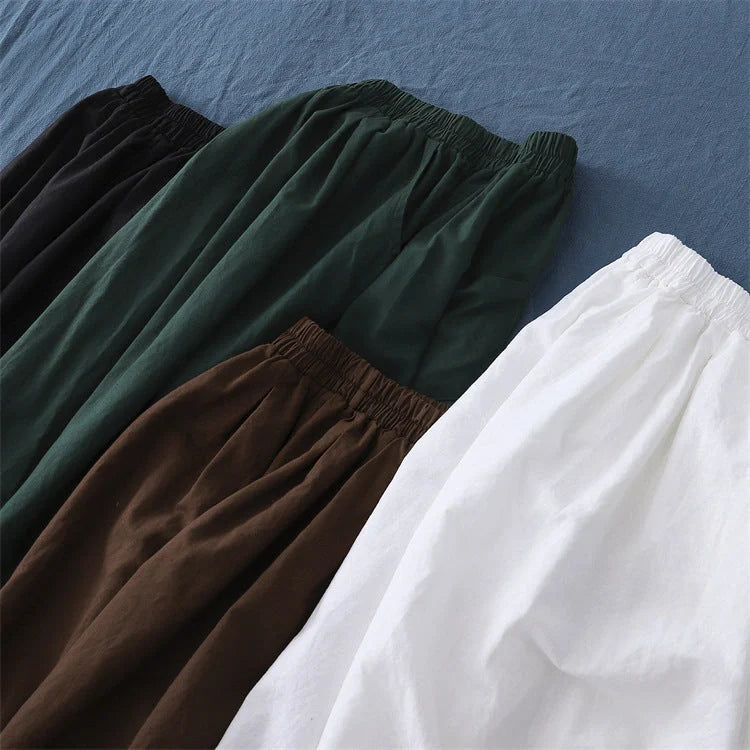 Women's sand-washed linen cotton bloomers in dark coffee, dark green, plain white, and jet black