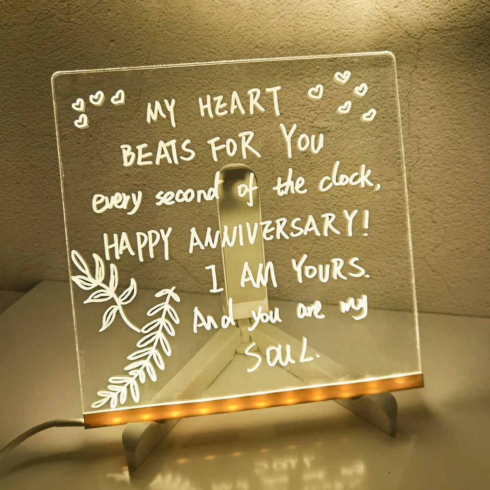 Acrylic DIY Note Board LED Night Light with 7 pens on a desk