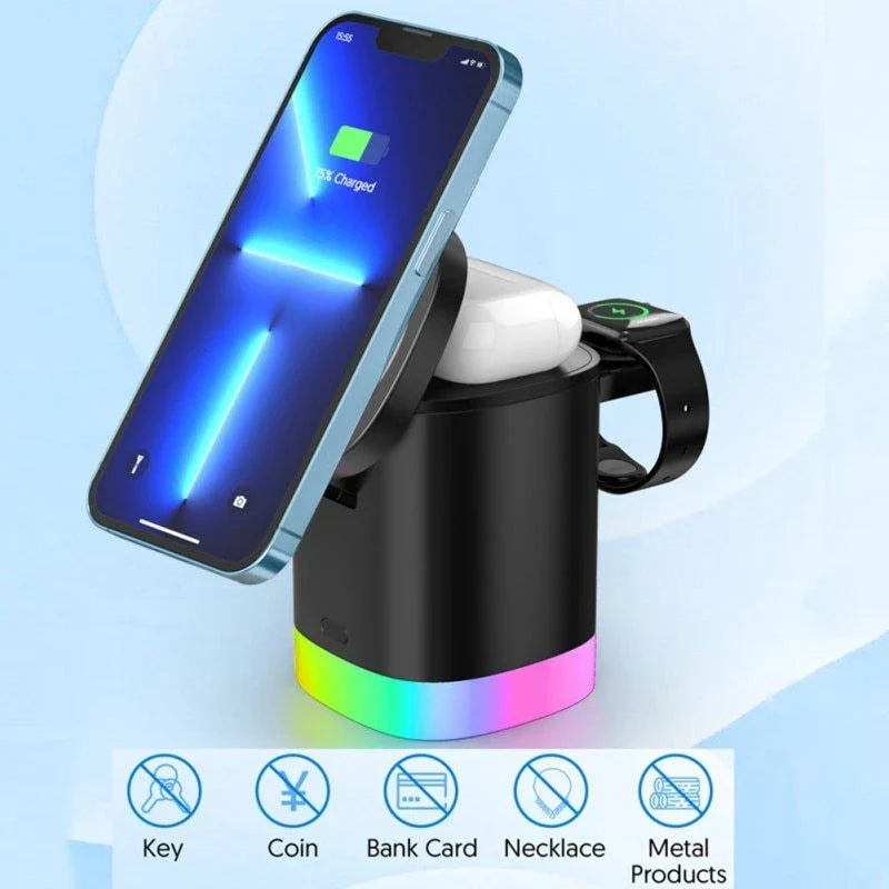 3-in-1 wireless charging station with RGB ambient lighting for smartphones, smartwatches, and wireless earbuds