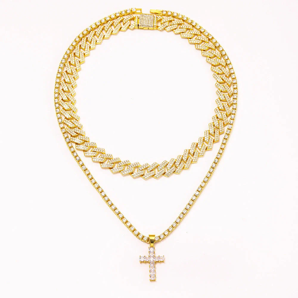 Exquisite cross pendant necklace with rhinestone paving, available in gold and silver colours with various chain styles