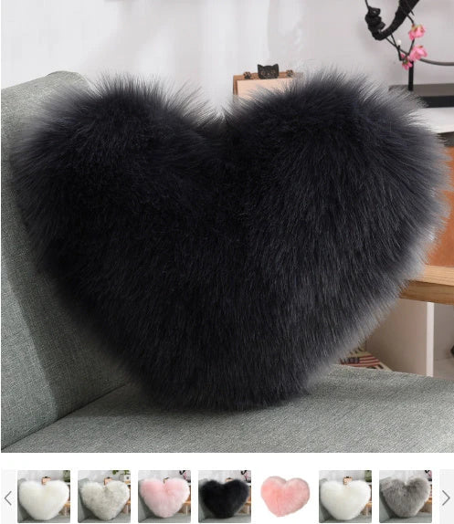 Cozy heart-shaped throw pillow with plush, shaggy texture in various colors