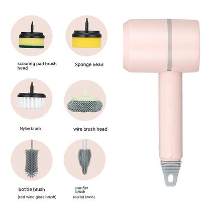 Powerful automatic cordless cleaning brush with interchangeable brush heads for cleaning kitchen, bathroom, and other surfaces