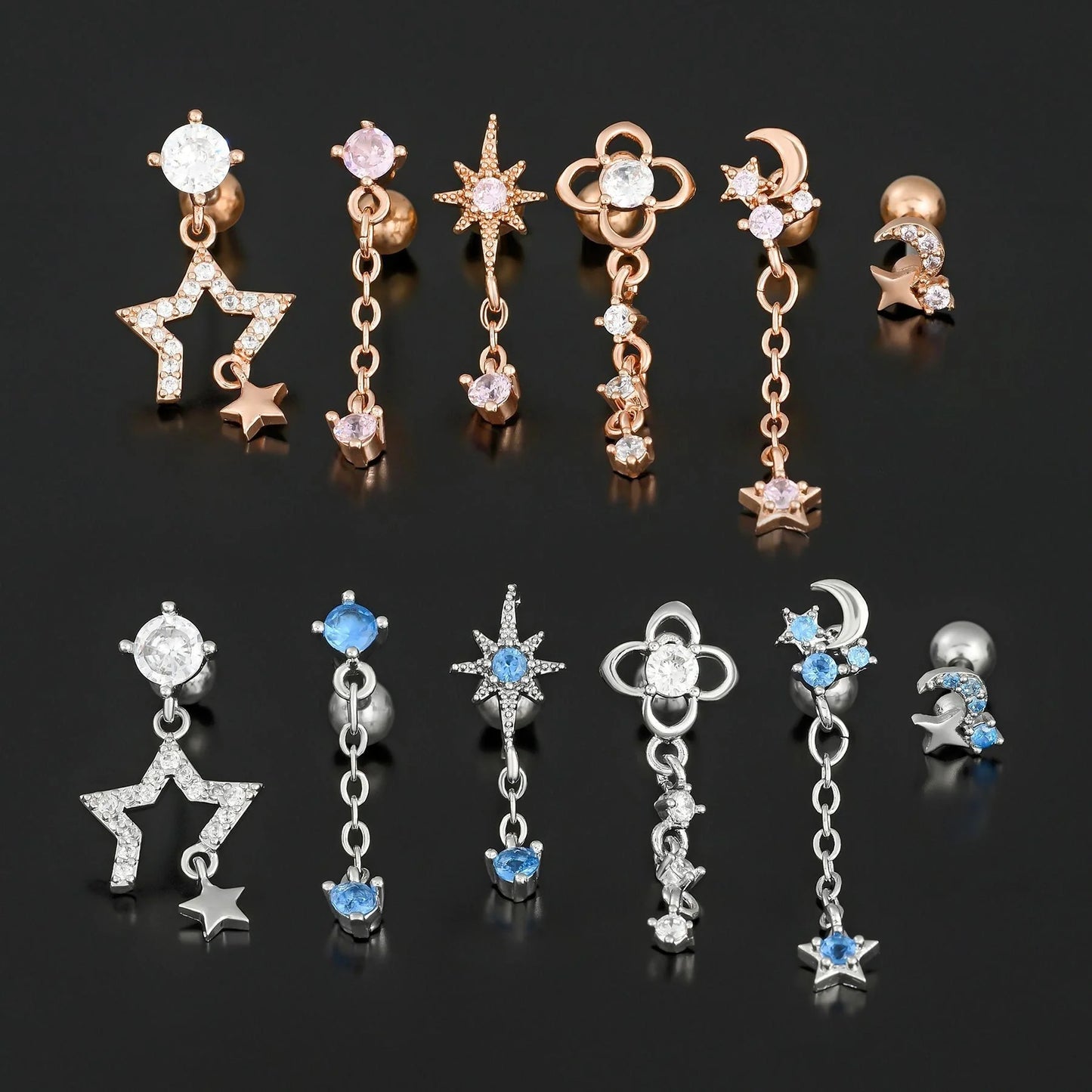 Star and Moon Cubic Zirconia Stainless Steel Cartilage Earring in gold and white K