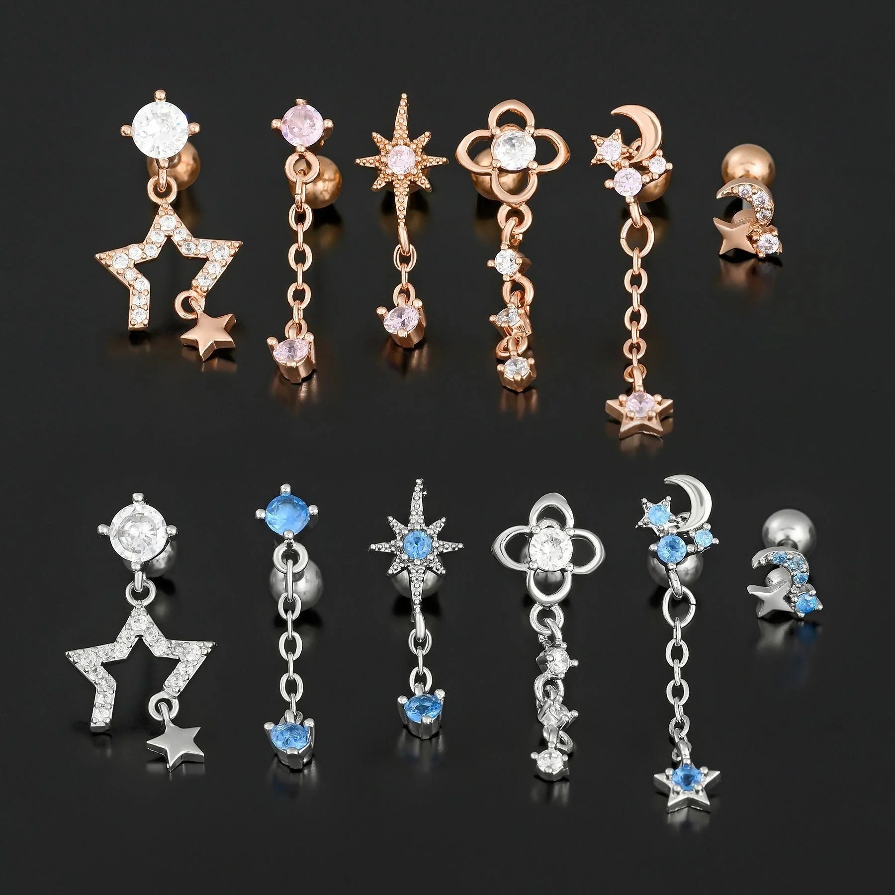 Star and Moon Cubic Zirconia Stainless Steel Cartilage Earring in gold and white K