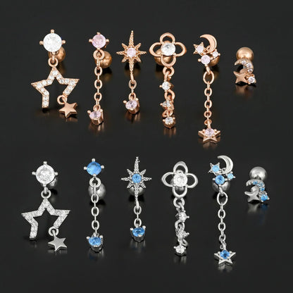 Star and Moon Cubic Zirconia Stainless Steel Cartilage Earring in gold and white K