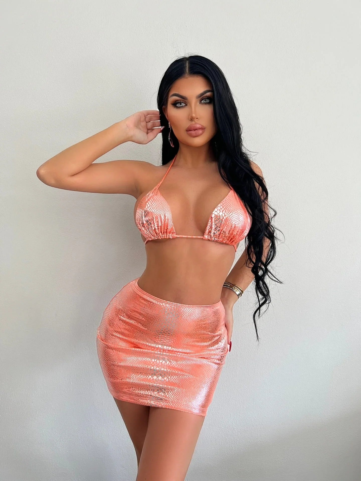 Women's snake pattern bikini set with cover up skirt in various colors