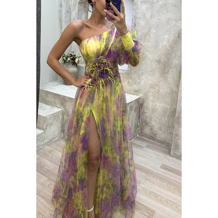 Stylish mesh tie-dye off-shoulder slit dress for summer parties and events