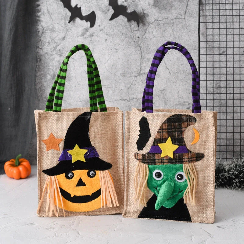 Halloween themed tote bag for kids featuring witch, skull, and pumpkin designs