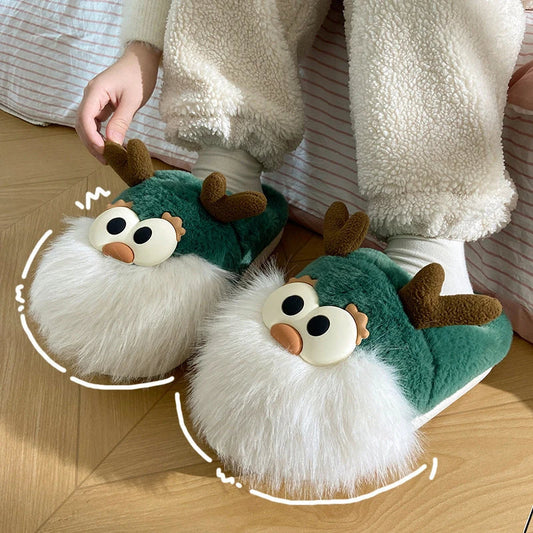 Cozy cartoon deer print slippers with plush lining and half-covered heel design for indoor comfort and warmth