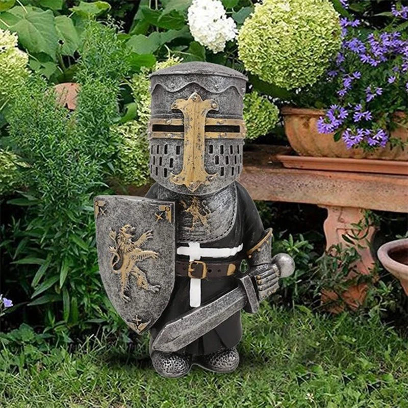 Whimsical resin dwarf knight statues in classic medieval armor and weaponry, standing guard over a garden or outdoor space