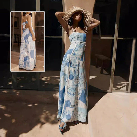 Elegant floral lace backless dress with bow straps in various color options