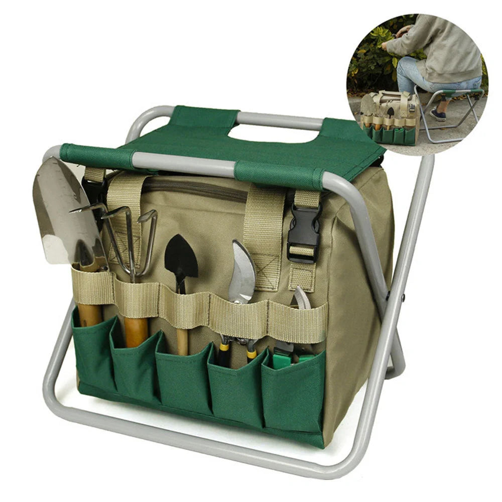 Folding gardening stool with removable tote bag in khaki and dark green