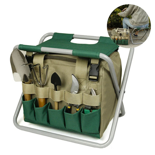 Folding gardening stool with removable tote bag in khaki and dark green