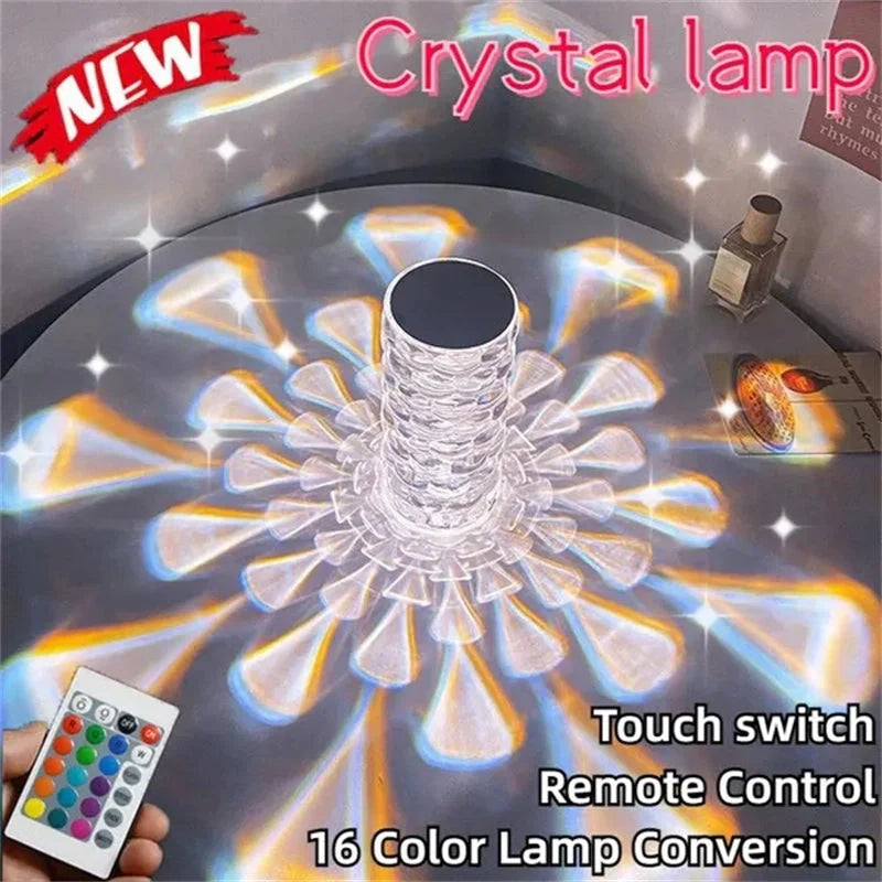 Crystal table lamp with teardrop shape and 16-colour LED options for modern romantic lighting