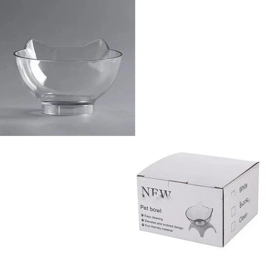 Elevated tilted pet bowl with non-slip stand in transparent, white, and black color options