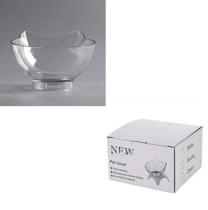 Elevated tilted pet bowl with non-slip stand in transparent, white, and black color options