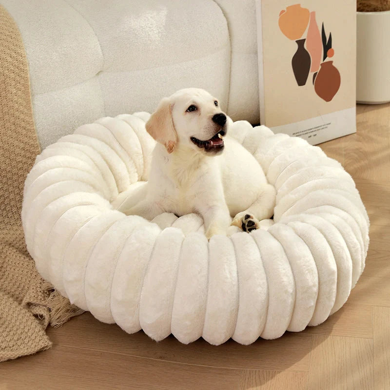 Plush round pet kennel for dogs, available in multiple colours and sizes for winter comfort