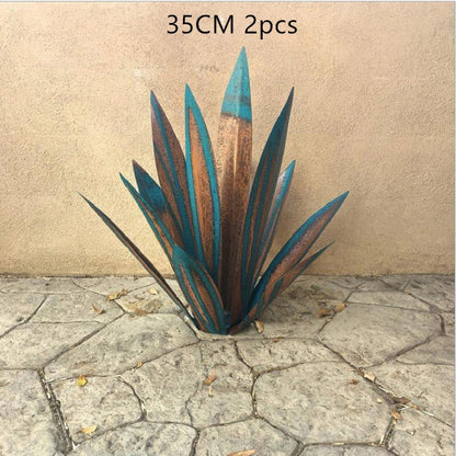 Handmade tequila agave metal sculpture in rustic finish with blue highlights