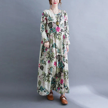 Literary Plus Size Printed Long Sleeve Cotton Blend Dress in vibrant colours