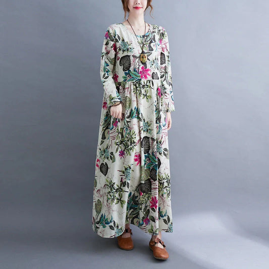 Literary Plus Size Printed Long Sleeve Cotton Blend Dress in vibrant colours