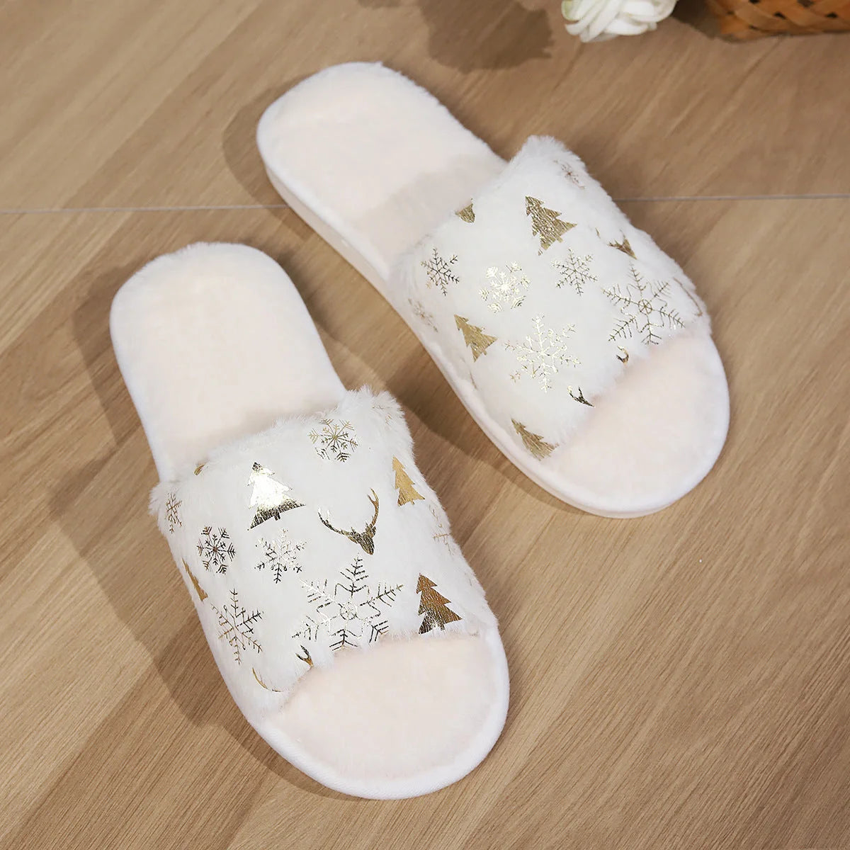 Christmas-themed white plush slippers with festive decorations and non-slip soles