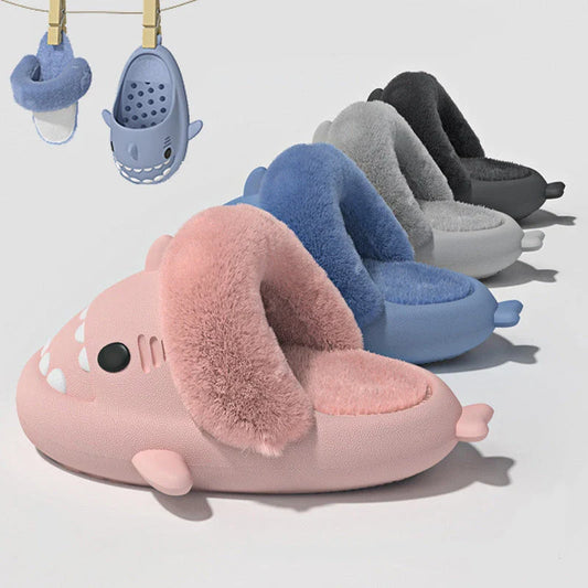 Cozy Shark Slippers with plush, fuzzy interior and thick, non-slip sole for comfortable, warm house shoes