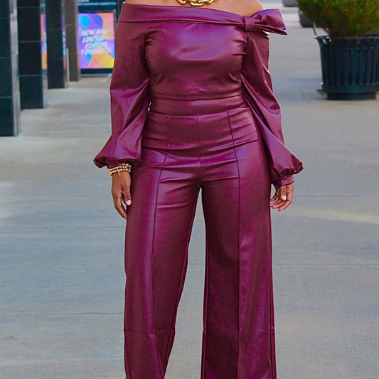 Women's wine red leather suit with detailed stitching, sizes S to XXL