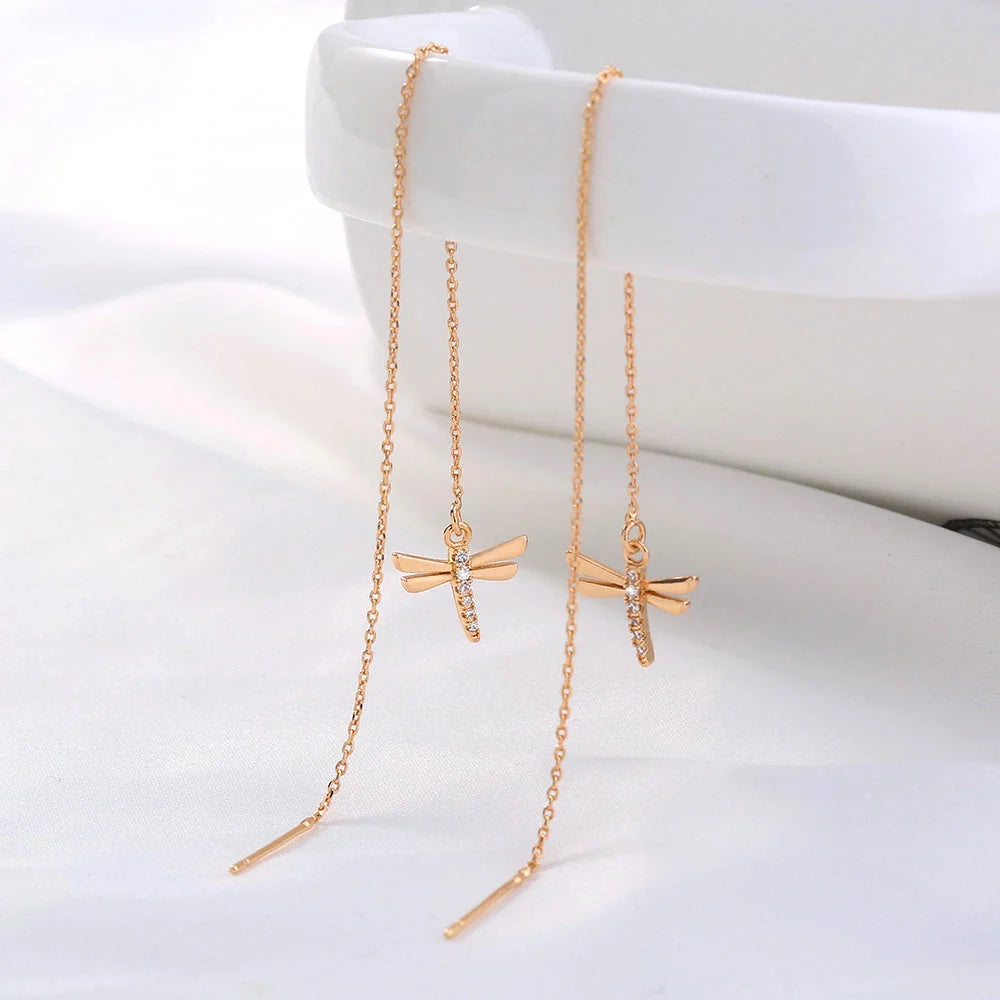 Gold Copper Dragonfly Earrings with Zircon Long Tassel - Elegant Fashion Jewelry