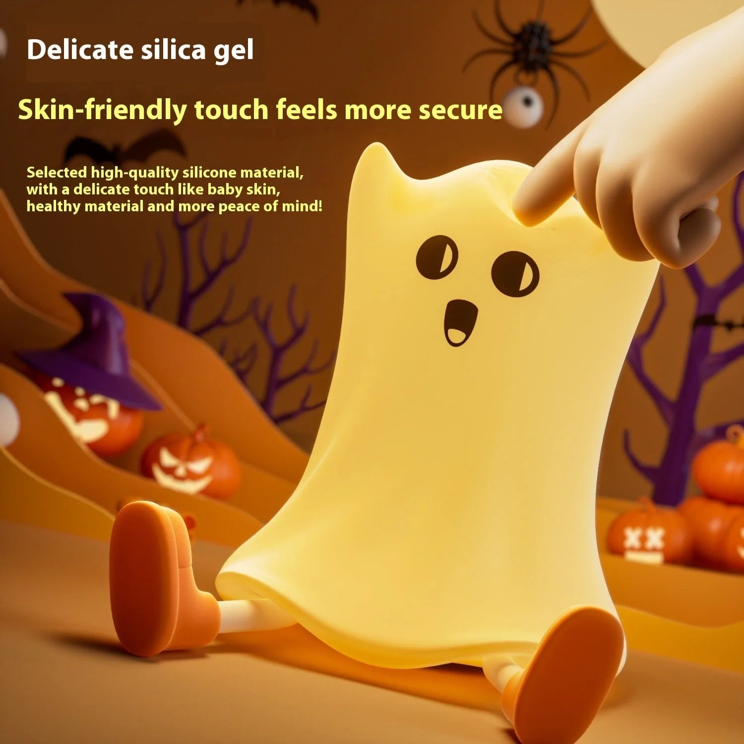 A Halloween-themed bedside lamp in the shape of a ghost, emitting a soft, calming glow.