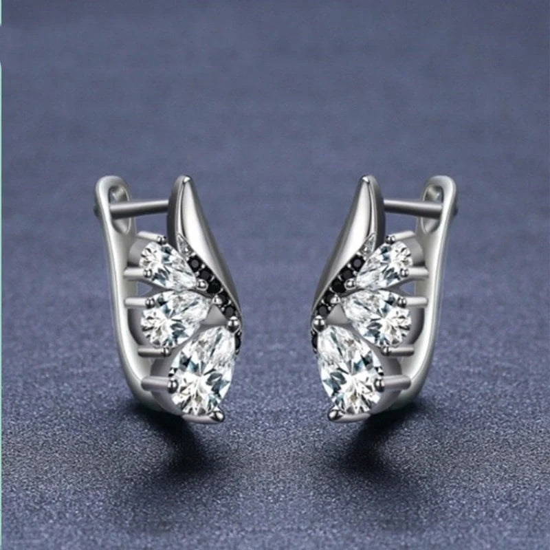 Classic Wings Shape Women's Black Drop-shaped Zircon Earrings, elegant copper design with sparkling zircon details.