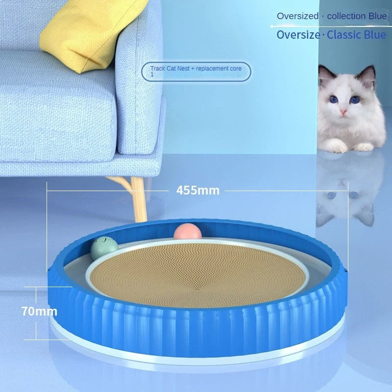 Round cat scratching board with toy ball, protects furniture from scratches