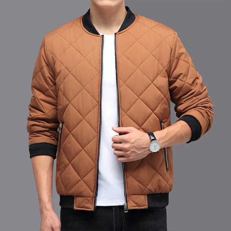 Stylish and warm rhombic-stitched cotton jacket for men in khaki and black colors