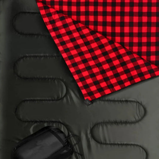 Outdoor camping flannel sleeping bag with pillow, available in black and red stripes or blue with blue ribbon