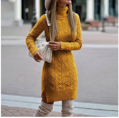 Stylish women's turtleneck knitted dress with slit design for winter warmth