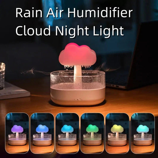Stylish rain cloud-inspired humidifier with color-changing LED lights and essential oil diffuser for a relaxing and aromatic experience