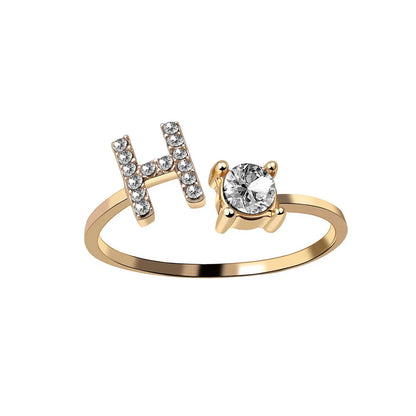 Customizable adjustable ring with 26 letters for women, featuring zircon stones and copper alloy construction
