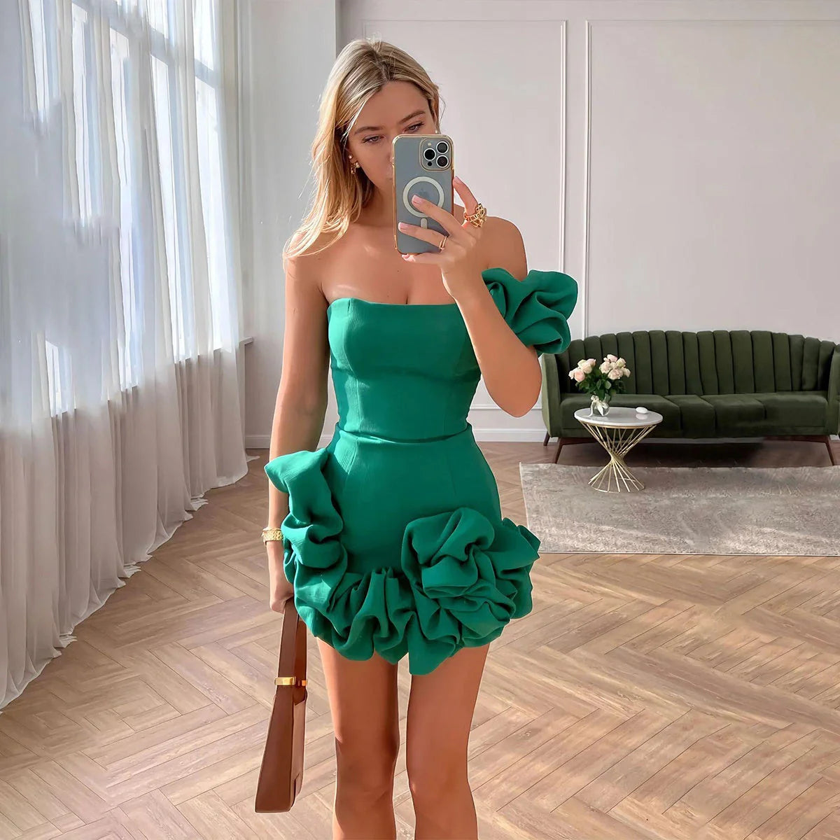 One-shoulder ruffled flower-bud design short dress for women in black, white, green, and blue
