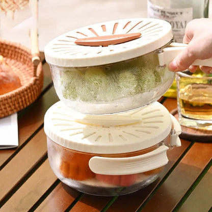 Versatile fruit drain basket with lid and foldable handle for fresh produce storage